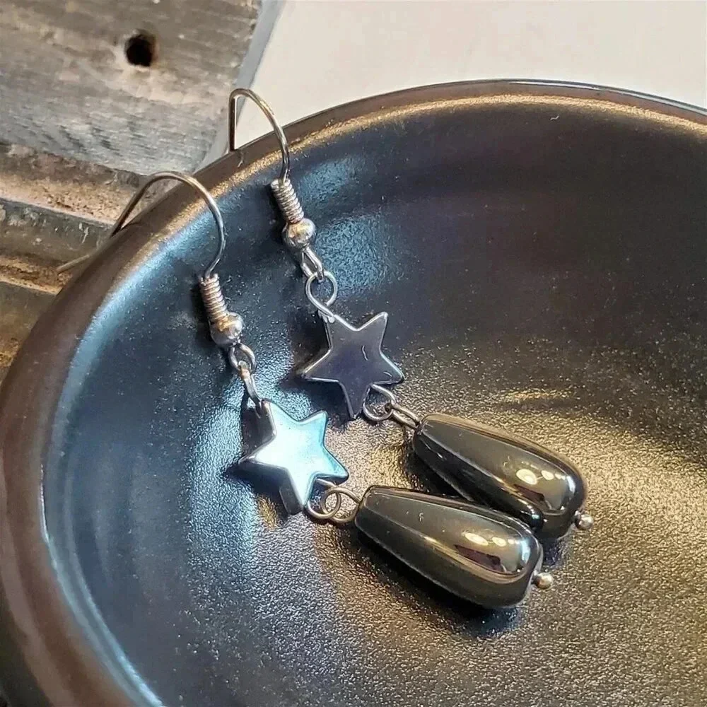 Gunmetal Gray Hematite Stars and Teardrops Gemstone Stainless Steel Earrings